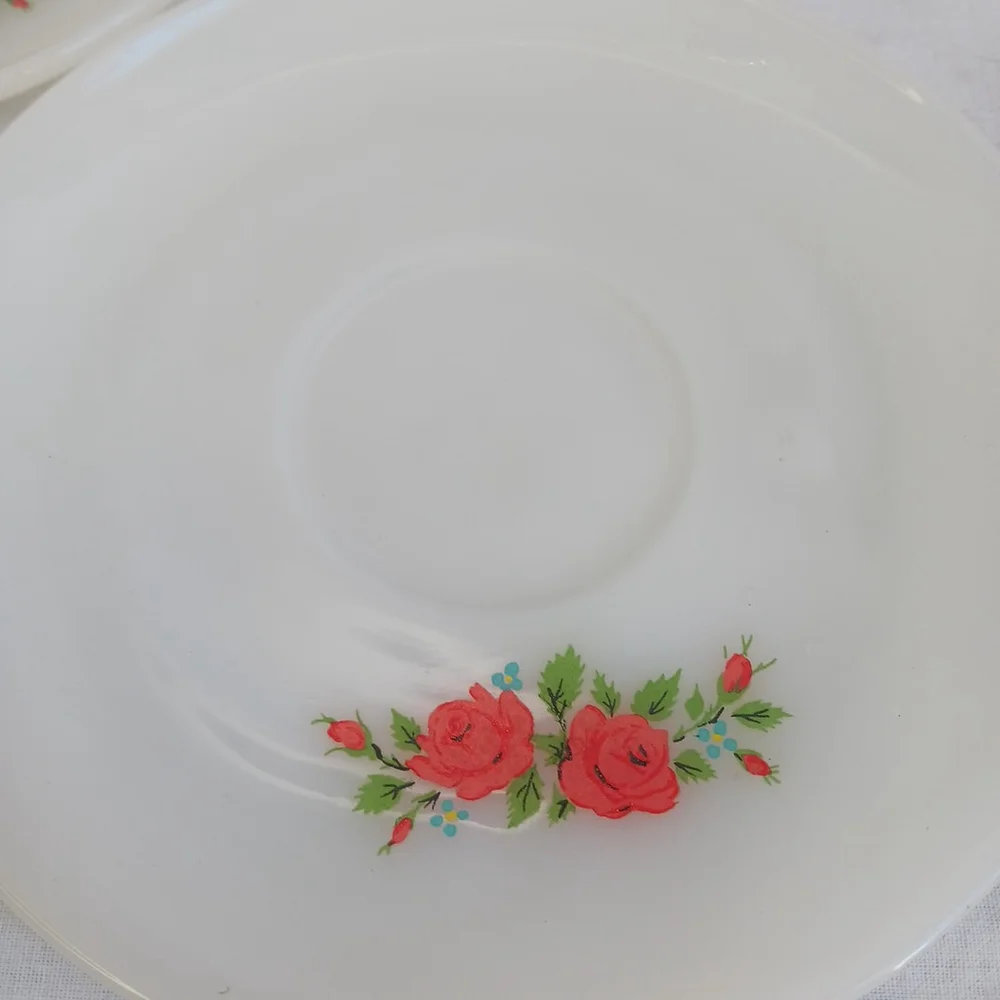 Vintage Anchor Hocking Fire King Roses Coffee Cup Saucers Set of 3